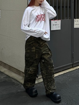 「Chikashitsu +（チカシツプラス）のアイテム（Tシャツ/カットソー）」を使った、Never mind the XU / Chikashitsu+さん（メンズ・179cm）の秋コーディネート