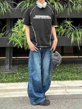 「NOMANUAL（NOMANUAL）のアイテム」を使った、Never mind the XU / Chikashitsu+さん（メンズ・182cm）の春コーディネート