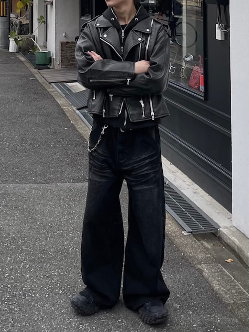 Chikashitsu +】curve stitch wide denim pants