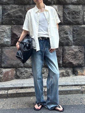 「Chikashitsu +（チカシツプラス）の【Chikashitsu +】bio wash cropped half sleeve shirt (3color) / 【チカシツプラス】ウォッシュドクロップド半袖シャツ（シャツ/ブラウス、ベージュ系）」を使った、Never mind the XU / Chikashitsu+さん（メンズ・171cm）の夏コーディネート