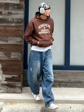 「NOMANUAL（NOMANUAL）のアイテム（帽子）」を使った、Never mind the XU / Chikashitsu+さん（メンズ・182cm）の秋コーディネート