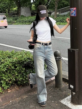 「NOMANUAL（NOMANUAL）のアイテム（帽子）」を使った、Never mind the XU / Chikashitsu+さん（レディース・170cm）の夏コーディネート