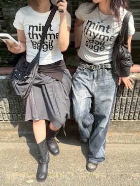 「Chikashitsu +（チカシツプラス）の【Chikashitsu +】herb logo baby tee (4color) / 【チカシツプラス】ハーブロゴコンパクト半袖Tシャツ（Tシャツ/カットソー、ホワイト系）」を使った、Never mind the XU / Chikashitsu+さん（メンズ・171cm）の夏コーディネート