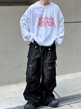 「Chikashitsu +（チカシツプラス）のアイテム（Tシャツ/カットソー）」を使った、Never mind the XU / Chikashitsu+さん（メンズ・170cm）の秋コーディネート