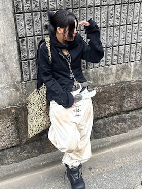 「BLACKPURPLE（ブラックパープル）の【BLACK PURPLE】Modi-Tying Echo bag / 【ブラックパープル】エコバッグ（エコバッグ/サブバッグ、ベージュ系）」を使った、Never mind the XU / Chikashitsu+さん（レディース・150cm）の秋コーディネート