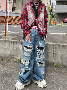 HARSH AND CRUEL ワイドデニムパンツダメージジーンズストリート ジーンズ クラッシュ ダメージ デニムパンツ メンズ レディース