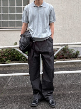 「Chikashitsu +（チカシツプラス）の【Chikashitsu +】stripe denim pants (2color) / 【チカシツプラス】ストライプデニムパンツ（デニムパンツ、ブラック系）」を使った、Never mind the XU / Chikashitsu+さん（メンズ・171cm）の夏コーディネート