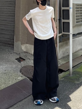 「Chikashitsu +（チカシツプラス）のアイテム（スラックス）」を使った、Never mind the XU / Chikashitsu+さん（メンズ・184cm）の夏コーディネート