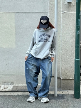 「NOMANUAL（NOMANUAL）のアイテム（帽子）」を使った、Never mind the XU / Chikashitsu+さん（メンズ・179cm）の秋コーディネート
