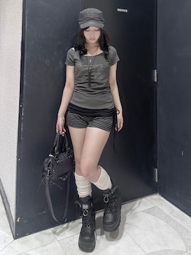 「Never mind the XU / Chikashitsu+（ネバーマインド ザ エックスユー / チカシツプラス）の【Nerd out XU】jujika  / 【ナードアウトエックスユー】クロスチェーンネックレスシルバーネックレス（ネックレス、ブラック系）」を使った、Never mind the XU / Chikashitsu+さん（レディース・150cm）の夏コーディネート