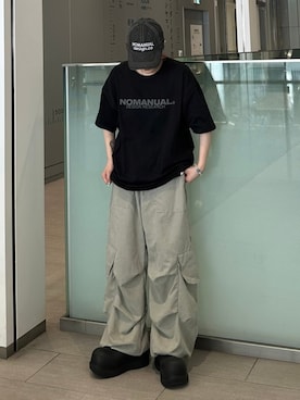 「NOMANUAL（NOMANUAL）のアイテム（帽子）」を使った、Never mind the XU / Chikashitsu+さん（レディース・161cm）の春コーディネート