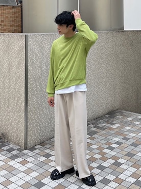 「Chikashitsu +（チカシツプラス）のアイテム（ニット/セーター）」を使った、Never mind the XU / Chikashitsu+さん（メンズ・182cm）の秋コーディネート
