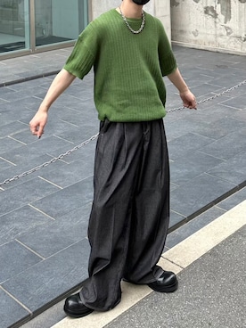 「Chikashitsu +（チカシツプラス）のアイテム（スラックス）」を使った、Never mind the XU / Chikashitsu+さん（メンズ・170cm）の夏コーディネート