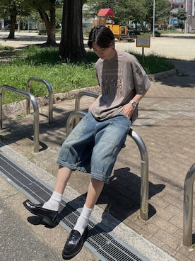 「Chikashitsu +（チカシツプラス）のアイテム（Tシャツ/カットソー）」を使った、Never mind the XU / Chikashitsu+さん（メンズ・174cm）の夏コーディネート