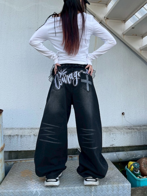 XU ベルトデニムパンツ ブラックm XU】back print wide denim pants / 【エックスユー】バック