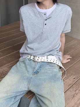 「Never mind the XU / Chikashitsu+（ネバーマインド ザ エックスユー / チカシツプラス）の【nmtc+】Cool Layered Henley Neck Tee / 【エヌエムティーシープラス】クールレイヤードヘンリーネックTシャツ（Tシャツ/カットソー、グレー系）」を使った、Never mind the XU / Chikashitsu+さん（メンズ・171cm）の夏コーディネート