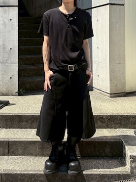 「Never mind the XU / Chikashitsu+（ネバーマインド ザ エックスユー / チカシツプラス）の【nmtc+】Shoulder Henley Eyelet Tee / 【エヌエムティーシープラス】アイレットヘンリーネックTシャツ（Tシャツ/カットソー、ブラック系）」を使った、Never mind the XU / Chikashitsu+さん（レディース・150cm）の夏コーディネート