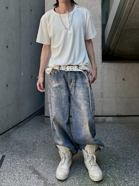 「Never mind the XU / Chikashitsu+（ネバーマインド ザ エックスユー / チカシツプラス）の【nmtc+】Shoulder Henley Eyelet Tee / 【エヌエムティーシープラス】アイレットヘンリーネックTシャツ（Tシャツ/カットソー、ホワイト系）」を使った、Never mind the XU / Chikashitsu+さん（レディース・150cm）の夏コーディネート