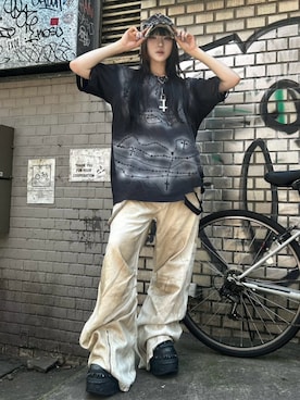 「Never mind the XU（ネバーマインドザエックスユー）の【Never mind the XU】2way chain cross necklace / 【ネバーマインド ザ エックスユー】チェーンクロスネックレス（ネックレス、シルバー系）」を使った、Never mind the XU / Chikashitsu+さん（メンズ・171cm）の夏コーディネート