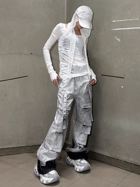 「Never mind the XU / Chikashitsu+（ネバーマインド ザ エックスユー / チカシツプラス）の【nmtc +】lace balaclava / 【エヌエムティーシープラス】レースバラクラバ（ニットキャップ/ビーニー、ホワイト系）」を使った、Never mind the XU / Chikashitsu+さん（メンズ・171cm）の夏コーディネート