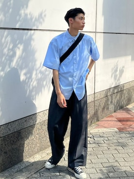 「Chikashitsu +（チカシツプラス）のアイテム（スラックス）」を使った、Never mind the XU / Chikashitsu+さん（メンズ・175cm）の夏コーディネート