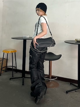 「BLACKPURPLE（ブラックパープル）のアイテム」を使った、Never mind the XU / Chikashitsu+さん（レディース・154cm）の夏コーディネート