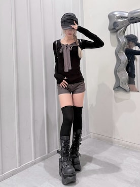 「FLAREUP（フレアアップ）の【FLAREUP】Soi Draped Cap / 【フレアアップ】ソイドレープドキャスケットキャップ＜着用動画あり＞（キャスケット、グレー系）」を使った、Never mind the XU / Chikashitsu+さん（レディース・150cm）の秋コーディネート