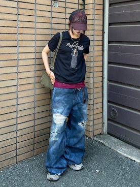 「Chikashitsu +（チカシツプラス）のアイテム（デニムパンツ）」を使った、Never mind the XU / Chikashitsu+さん（レディース・161cm）の夏コーディネート