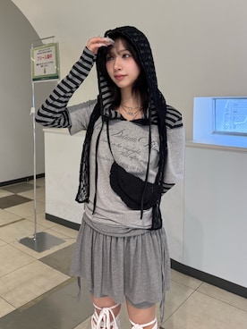 「Never mind the XU / Chikashitsu+（ネバーマインド ザ エックスユー / チカシツプラス）の【nmtc +】lace balaclava / 【エヌエムティーシープラス】レースバラクラバ（ニットキャップ/ビーニー、ブラック系）」を使った、Never mind the XU / Chikashitsu+さん（レディース・157cm）の春コーディネート