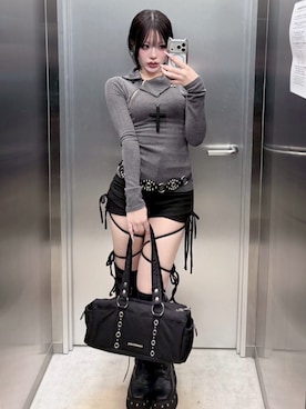 「Never mind the XU / Chikashitsu+（ネバーマインド ザ エックスユー / チカシツプラス）の【Nerd out XU】jujika  / 【ナードアウトエックスユー】クロスチェーンネックレスシルバーネックレス（ネックレス、ブラック系）」を使った、Never mind the XU / Chikashitsu+さん（メンズ・167cm）の春コーディネート