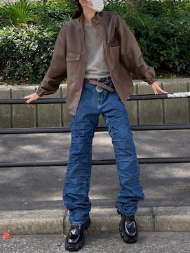 「NOMANUAL（NOMANUAL）のアイテム（パンツ）」を使った、Never mind the XU / Chikashitsu+さん（メンズ・179cm）の秋コーディネート