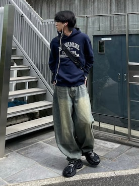 「NOMANUAL（NOMANUAL）のアイテム」を使った、Never mind the XU / Chikashitsu+さん（メンズ・180cm）の夏コーディネート