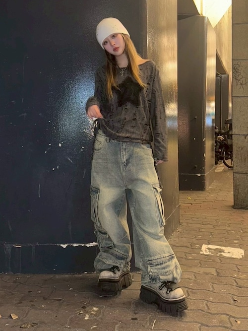 トップス X XU】star damage tops / 【エックスユー】スターダメージ長袖T