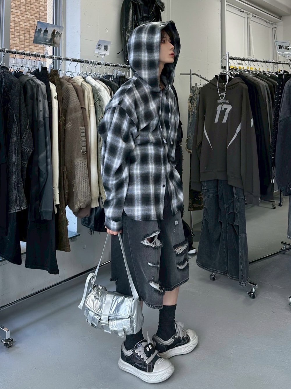 [muahmuah]POINT LABEL CHECK HOOD シャツ★韓国ファッション★ muahmuah]POINT LABEL CHECK HOOD シャツ☆韓国ファッション