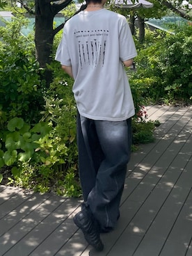 「Chikashitsu +（チカシツプラス）のアイテム（Tシャツ/カットソー）」を使った、Never mind the XU / Chikashitsu+さん（メンズ・180cm）の夏コーディネート
