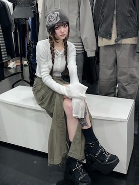 「SETUPEXE（セットアップイーエックスイー）のアイテム（帽子）」を使った、Never mind the XU / Chikashitsu+さん（レディース・156cm）の春コーディネート