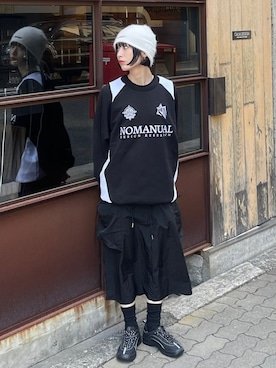 「NOMANUAL（NOMANUAL）のアイテム」を使った、Never mind the XU / Chikashitsu+さん（レディース・159cm）の秋コーディネート