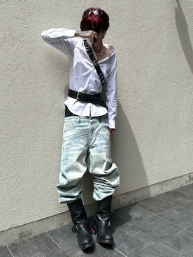 「YIKAI LABORATORY（イカイラボラトリー）の【YIKAI LABORATORY】antiue 00ring  calfskin  belt  / 【イカイラボラトリー】アンティークリングレザーベルト＜着用動画あり＞（ベルト、ブラック系）」を使った、Never mind the XU / Chikashitsu+さん（メンズ・170cm）の夏コーディネート