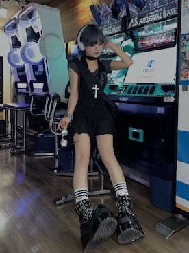 「ノースリーブ」｜「アイテム（ワンピース/ドレス、ブラック系）」を使った、Never mind the XU / Chikashitsu+さん（レディース・153cm）の夏コーディネート