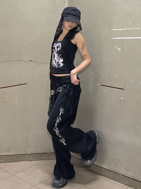 「Never mind the XU / Chikashitsu+（ネバーマインド ザ エックスユー / チカシツプラス）の【nmtc +】lace balaclava / 【エヌエムティーシープラス】レースバラクラバ（ニットキャップ/ビーニー、ブラック系）」を使った、Never mind the XU / Chikashitsu+さん（レディース・150cm）の夏コーディネート