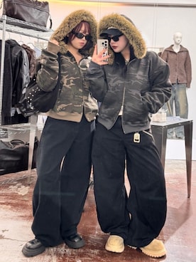 「Chikashitsu +（チカシツプラス）の【Chikashitsu +】cropped camouflage fur zip hoodie / 【チカシツプラス】クロップドカモフラージュファー付きジップパーカー（パーカー、グレー系）」を使った、Never mind the XU / Chikashitsu+さん（メンズ・167cm）の春コーディネート