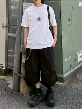 「Chikashitsu +（チカシツプラス）の【Chikashitsu +】clean star graphic t-shirt (3color) / 【チカシツプラス】スタープリント半袖Tシャツ（Tシャツ/カットソー、ホワイト系）」を使った、Never mind the XU / Chikashitsu+さん（レディース・150cm）の夏コーディネート