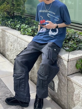 「XU（エックスユー）のアイテム（パンツ）」を使った、Never mind the XU / Chikashitsu+さん（メンズ・180cm）の春コーディネート