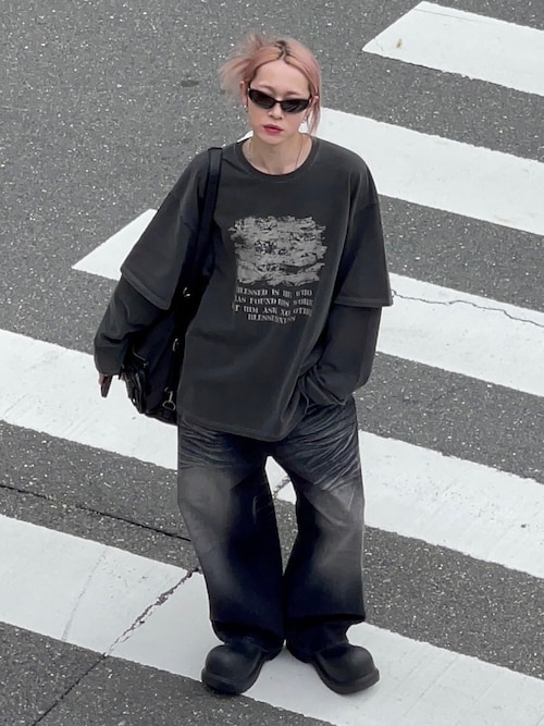 Tシャツ・カットソー FLARE UP Drape Layered Long Sleeve  5BMM038 Chikashitsu +】layered graphic long sleeve（Tシャツ