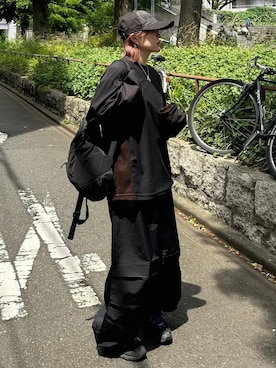 「Chikashitsu +（チカシツプラス）のアイテム（カーゴパンツ）」を使った、Never mind the XU / Chikashitsu+さん（レディース・161cm）の夏コーディネート