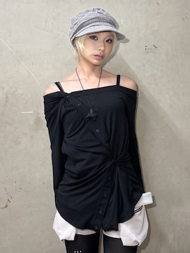 「Never mind the XU（ネバーマインドザエックスユー）の【Never mind the XU】drape casquette / 【ネバーマインド ザ エックスユー】ドレープキャスケット（キャスケット、グレー系）」を使った、Never mind the XU / Chikashitsu+さん（レディース・150cm）の夏コーディネート