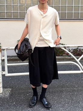 「Chikashitsu +（チカシツプラス）の【Chikashitsu +】no collar half sleeve cardigan (3color) / 【チカシツプラス】ノーカラー半袖サマーカーディガン＜着用動画あり＞（カーディガン/ボレロ、ホワイト系）」を使った、Never mind the XU / Chikashitsu+さん（メンズ・171cm）の夏コーディネート