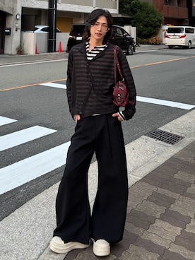 「Chikashitsu +（チカシツプラス）の【Chikashitsu +】rimless eyeglasses 2 / 【チカシツプラス】ギークシッククリアレンズリムレスメガネ（メガネ、シルバー系）」を使った、Never mind the XU / Chikashitsu+さん（レディース・150cm）の秋コーディネート