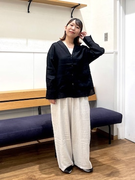 「GLOBAL WORK（グローバルワーク）のフレンチリネンシャツジャケット/599628（シャツ/ブラウス、ブラック系）」を使った、manayan0602さん（レディース）の春コーディネート