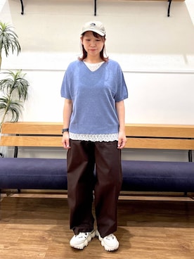 「GLOBAL WORK（グローバルワーク）のリネン混ニット2WAYプルオーバー半袖/147712（Tシャツ/カットソー、ブルー系）」を使った、manayan0602さん（レディース）の春コーディネート